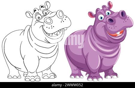 Illustration vectorielle de deux hippopotames de dessins animés heureux Illustration de Vecteur