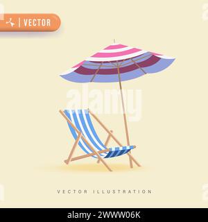 Transat de plage d'icône de vacances vectoriel 3D réaliste avec parasol, chaise longue en bois. Détendez-vous en été. Chaise longue. Parasol, chaise de plage. Illustration de Vecteur