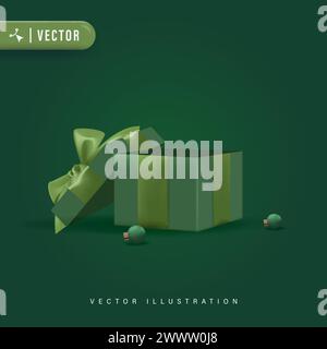 Boîte-cadeau Doff verte réaliste 3D avec illustration vectorielle d'arc de ruban vert. Fond isolé de boîte cadeau ouvert Illustration de Vecteur