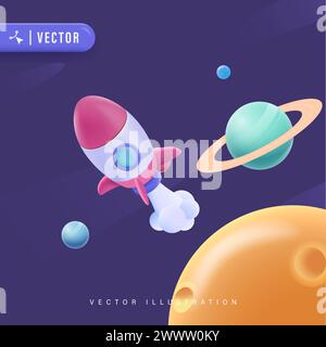 Illustration vectorielle réaliste de fusée et de planètes 3D. Fusée spatiale volante dans l'espace autour des planètes. Lancement de vaisseau spatial. Icône Rocket 3D. Créa réaliste Illustration de Vecteur