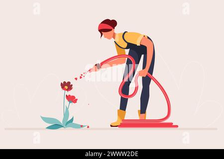 Jeune femme arrosant la fleur avec le concept de conception plate de tuyau d'eau, jeune femme jardinage illustration vectorielle Illustration de Vecteur