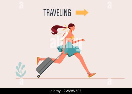Jeune femme portant des vêtements à la mode marchant avec une illustration vectorielle de conception plate de sac de voyage, femme avec un sac à bagages Illustration de Vecteur