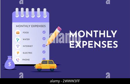 Concept de planification des dépenses mensuelles familiales avec illustration vectorielle de la liste des dépenses. Illustration d'icône vectorielle de style plat. Illustration de Vecteur