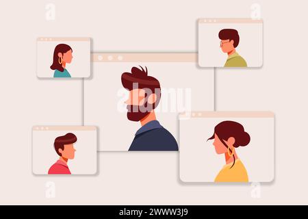 Travail à domicile Freelancer illustration vectorielle, Réunion à domicile Design plat, Conférence vidéo appel, concept de réunion vidéo, travail à distance Illustration de Vecteur