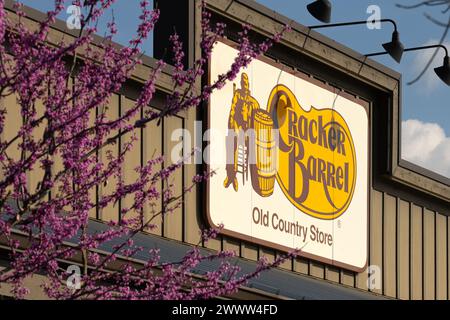 Restaurant Cracker Barrel avec un rouge-bud de l'est en fleurs à Snellville, Géorgie. (ÉTATS-UNIS) Banque D'Images