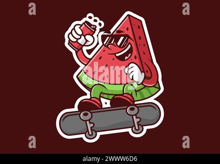 Mascotte personnage de pastèque rouge sur le skateboard. Tenant une canette de bière Illustration de Vecteur