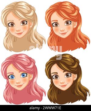 Quatre visages de fille de dessin animé avec différentes coiffures Illustration de Vecteur