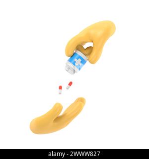 Médecin donnant des pilules patient. Conception de style plat d'illustration 3D. Tenant le flacon avec des médicaments dans les mains. Concept de santé. Prenez des médicaments analgésiques.3 Banque D'Images