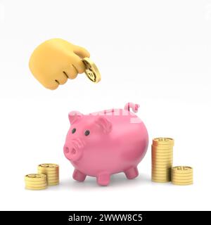 Plat 3d isométrique main d'homme d'affaires mettant la pièce de dollar dans la tirelire. Concept financier et économique.rendu 3D sur fond blanc. Banque D'Images