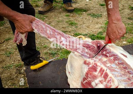 Un boucher répartit un porc selon les méthodes traditionnelles d'Europe de l'est Banque D'Images