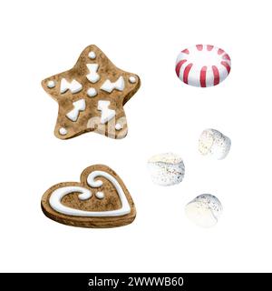 Ensemble d'illustration aquarelle de Noël de biscuits en pain d'épice, de bonbons et de guimauve. Dessert des vacances d'hiver Banque D'Images