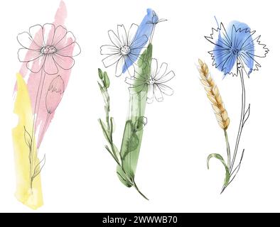 Aquarelle peinte à la main Meadow Florals ensemble d'illustration de bouquet, esquisse de liner clipart de fleurs sauvages, composition de fleurs de champ Banque D'Images