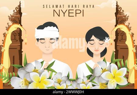 Traduction : Joyeux Nyepi Day. Joyeux jour du silence de Bali et nouvel an Hindou illustration vectorielle, Nyepi Day et Hari Raya Saka, cérémonie hindoue Illustration de Vecteur