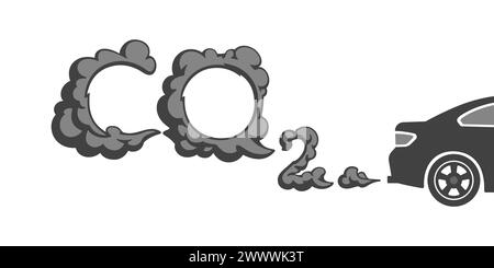 Émissions de dioxyde de carbone (CO2) des voitures. Gaz d'échappement de voiture. Pollution de l'air par les voitures. Isolé sur fond blanc. Illustration de Vecteur