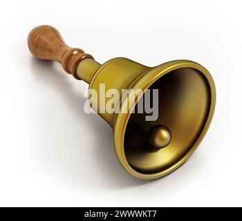 Cloche de main en laiton isolée sur fond blanc. Illustration 3D. Banque D'Images