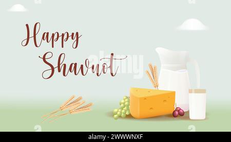 Bannière modèle Happy Shavuot avec style 3D. Concept de Shavuot de vacances juives avec fruits, blé et bouteille de lait. Illustration vectorielle. Carte de vœux TEM Illustration de Vecteur