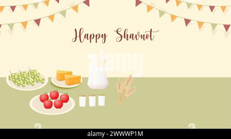 Bannière modèle Happy Shavuot avec style 3D. Concept de Shavuot de vacances juives avec fruits, blé et bouteille de lait. Illustration vectorielle. Carte de vœux TEM Illustration de Vecteur