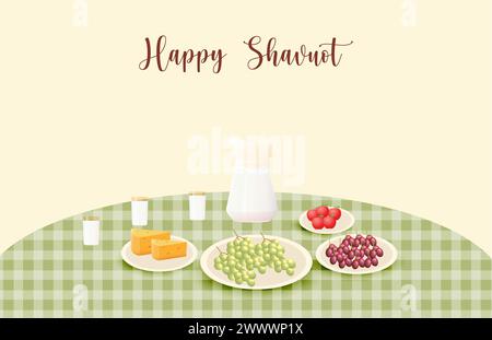 Bannière modèle Happy Shavuot avec style 3D. Concept de Shavuot de vacances juives avec fruits, blé et bouteille de lait. Illustration vectorielle. Carte de vœux TEM Illustration de Vecteur