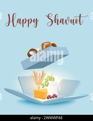 Bannière modèle Happy Shavuot avec style 3D. Concept de Shavuot de vacances juives avec fruits, blé et bouteille de lait. Illustration vectorielle. Carte de vœux TEM Illustration de Vecteur