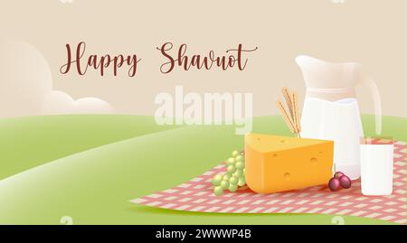 Bannière modèle Happy Shavuot avec style 3D. Concept de Shavuot de vacances juives avec fruits, blé et bouteille de lait. Illustration vectorielle. Carte de vœux TEM Illustration de Vecteur