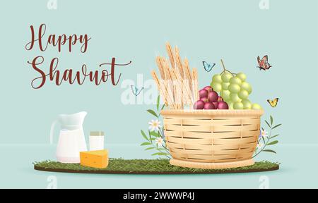 Bannière modèle Happy Shavuot avec style 3D. Concept de Shavuot de vacances juives avec fruits, blé et bouteille de lait. Illustration vectorielle. Carte de vœux TEM Illustration de Vecteur