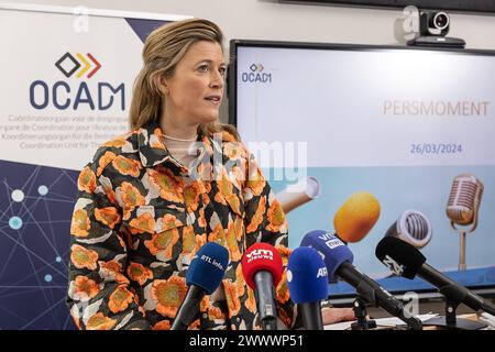 Bruxelles, Belgique. 26 mars 2024. La ministre de l’intérieur Annelies Verlinden photographiée lors d’une conférence de presse du conseil national de sécurité OCAD-OCAM, le mardi 26 mars 2024 à Bruxelles. BELGA PHOTO JAMES ARTHUR GEKIERE crédit : Belga News Agency/Alamy Live News Banque D'Images