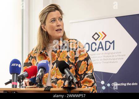 Bruxelles, Belgique. 26 mars 2024. La ministre de l’intérieur Annelies Verlinden photographiée lors d’une conférence de presse du conseil national de sécurité OCAD-OCAM, le mardi 26 mars 2024 à Bruxelles. BELGA PHOTO JAMES ARTHUR GEKIERE crédit : Belga News Agency/Alamy Live News Banque D'Images