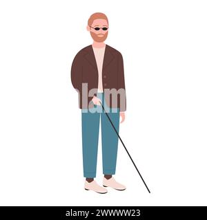 Aveugle avec canne de marche. Homme avec un handicap visuel, illustration vectorielle de dessin animé de personnes handicapées Illustration de Vecteur