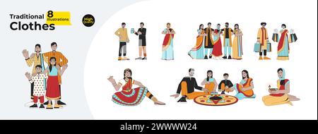 Multicultural diwali People Line Pack d'illustration plate de dessin animé Illustration de Vecteur