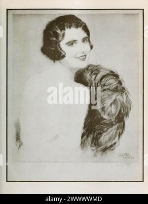 Dessin à la gravure vintage de l'actrice Geraldine Farrar par Walter Tittle publié dans le magazine Photoplay 1921 Banque D'Images