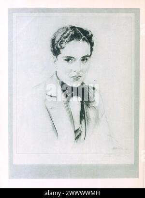 Dessin à la gravure vintage de l'acteur Charles Chaplin (Charlie) par Walter Tittle publié dans le magazine Photoplay 1921 Banque D'Images