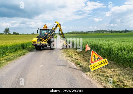 Coupe de remblai le long d'une route B, entretien par des agents départementaux. Coupe de remblai le long d'une route B pour la sécurité des automobilistes, cyclistes et o Banque D'Images