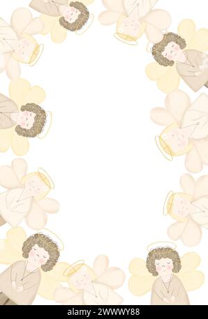 Anges carte postale. Modèle de cadre vertical aquarelle avec des cupids isolés sur fond blanc. Clipart de chérubins avec des ailes. Pour la conception de Banque D'Images