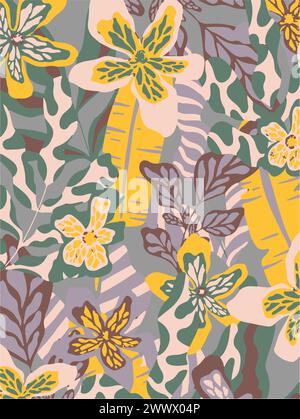 Illustration vectorielle motif de fleurs. Grandes fleurs feuilles tropicales. Feuilles botaniques, petit design, grand design, effet multicolores abstrait watercolou Illustration de Vecteur