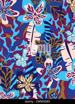 Illustration vectorielle motif de fleurs. Grandes fleurs feuilles tropicales. Feuilles botaniques, petit design, grand design, effet multicolores abstrait watercolou Illustration de Vecteur