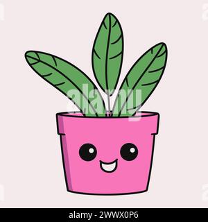 Plante verte heureuse de dessin animé en pot rose avec visage souriant et grands yeux. Plante d'intérieur mignonne isolée sur fond. Illustration vectorielle moderne. Illustration de Vecteur