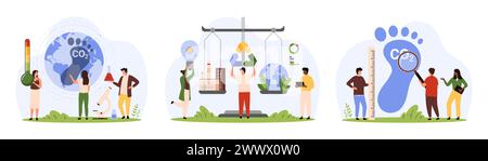 Kit d'analyse de l'effet de l'empreinte carbone. De minuscules personnes mesurent l'impact des gaz à effet de serre sur l'environnement, comparent l'équilibre mondial du recyclage des déchets et de la pollution écologique sur des échelles illustration vectorielle de dessin animé Illustration de Vecteur