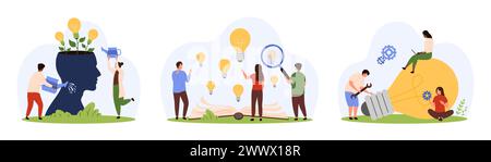 Développement, exportation et création d'idées créatives. De minuscules personnes cultivent des ampoules à l'intérieur du cerveau ouvert, réparent et étudient les lampes volant hors du livre avec l'illustration vectorielle de dessin animé à la loupe Illustration de Vecteur