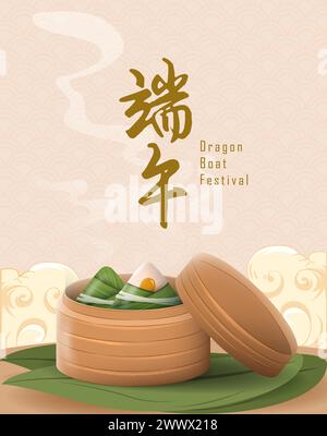 Traduction : Happy Dragon Boat Festival. Bateau-dragon dans la rivière pour la compétition d'aviron. Bannière pour le Festival de Duanwu en style 3D. Illustration de Vecteur