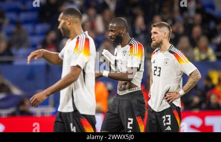 Lyon, France. 23 mars 2024. Antonio Rüdiger (Deutschland) Jonathan Tah (Deutschland) Robert Andrich (Deutschland) Frankreich - Deutschland France - Banque D'Images