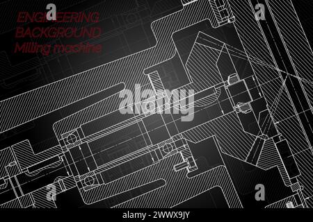 Dessins d'ingénierie mécanique sur fond noir. Broche de fraiseuse. Conception technique. Couvercle Illustration de Vecteur
