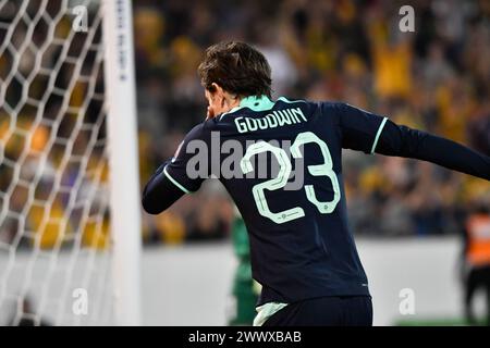 Canberra, Australie. 27 mars 2024 joueur du match Craig Goodwin célébrant son orthèse lors de la qualification de la Coupe du monde AFC match Liban v Australie. Crédit : Kleber Osorio/Alamy Live News Banque D'Images