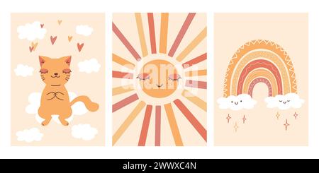 Décorations de style scandinave. Chat assis sur un nuage, soleil et arc-en-ciel. Conception enfantine de dessin animé pour pépinière, chambre d'enfants, douche de bébé. Vecteur illust Illustration de Vecteur