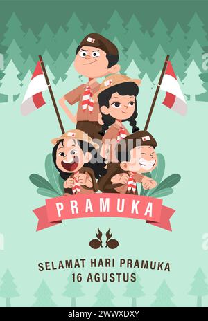 Traduire : Joyeux jour scout 14 août Journée du Festival indonésien. Selamat Hari Pramuka. Illustration vectorielle. Garçon et fille étudiant célèbrent la journée pramuka. Illustration de Vecteur