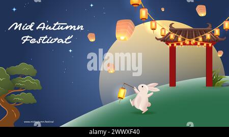 Joyeux festival de mi-automne avec Temple chinois rouge, lapin, Mooncake et illustration vectorielle de lanterne volante. Illustration de Vecteur