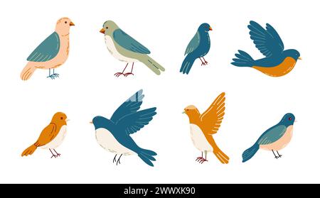 Ensemble d'oiseaux de printemps. Différents oiseaux dans un style de dessin animé simple. Illustration vectorielle plate. Illustration de Vecteur