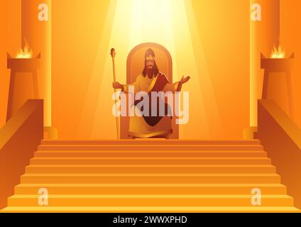 Série d'illustrations vectorielles de la figure biblique, le roi David assis sur un trône avec des rayons de lumière qui brillent sur lui comme un symbole de l'alliance des dieux w Illustration de Vecteur