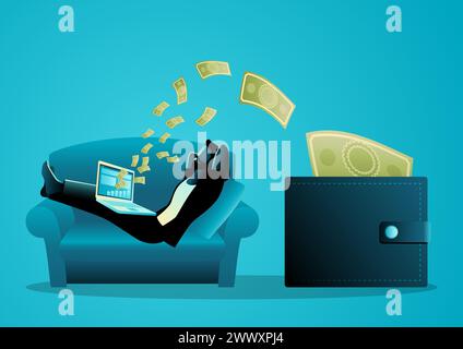 Homme se détendant sur le canapé tandis que l'argent sort de son ordinateur portable, revenu passif, freelance, concept de travail à domicile, illustration vectorielle Illustration de Vecteur