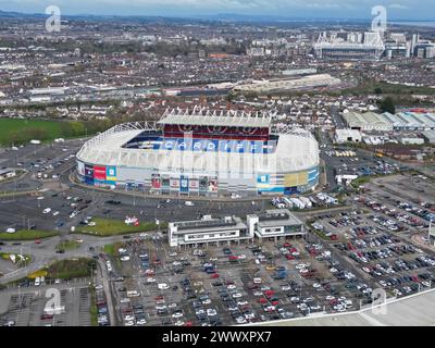 Une vue aérienne générale du stade Halliwell Jones, domicile des Warrington Wolves devant l'UEFA Euro Qualifiers Eliminator Group A match Wales vs Poland au Cardiff City Stadium, Cardiff, Royaume-Uni, le 26 mars 2024 (photo de Craig Thomas/News images) in, le 26/03/2024. (Photo de Craig Thomas/News images/SIPA USA) crédit : SIPA USA/Alamy Live News Banque D'Images