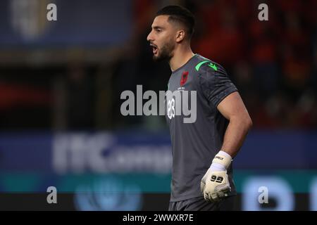 Parme, Italie, 22 mars 2024. Thomas Strakosha, d’Albanie, réagit lors du match amical international au Stadio Ennio Tardini, Parme. Le crédit photo devrait se lire : Jonathan Moscrop / Sportimage Banque D'Images